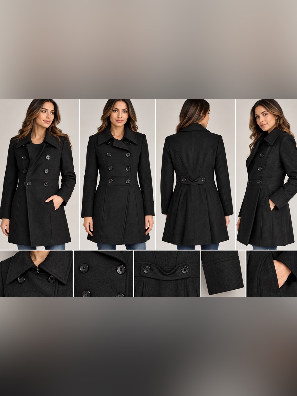 Guess Y2K Women’s Peacoat Size L Black Wool Blend Double Breasted Fit Flare Coat